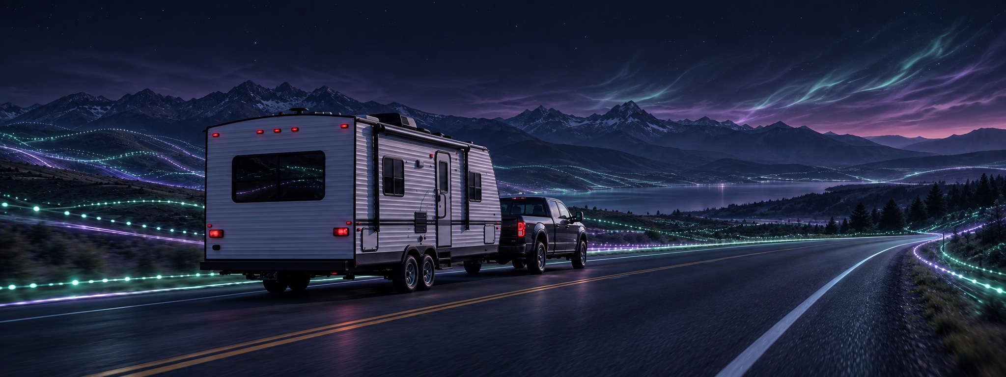 Scenic road and campground with multiple campers; Scout appears in the light-theme footer