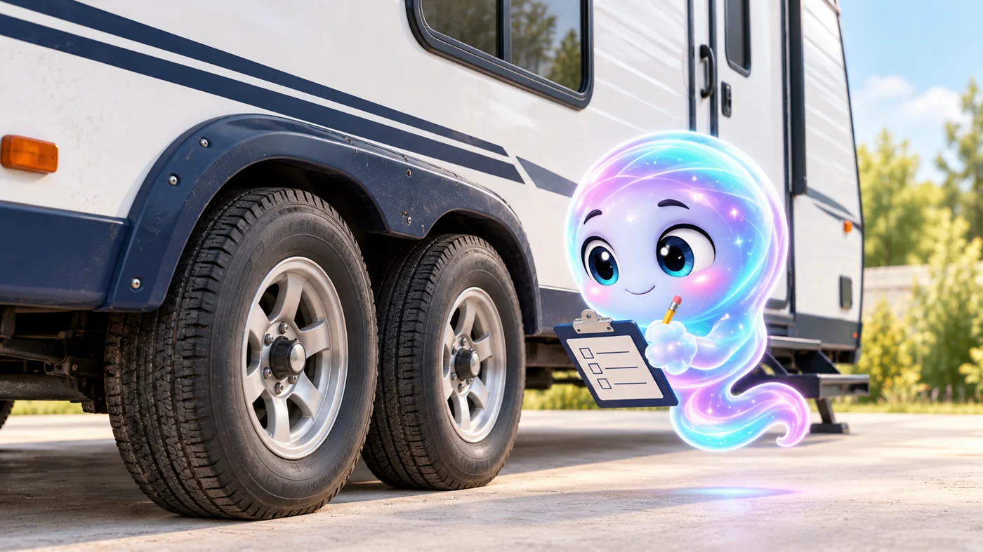 Scout reviewing camper tires from ground level with a checklist