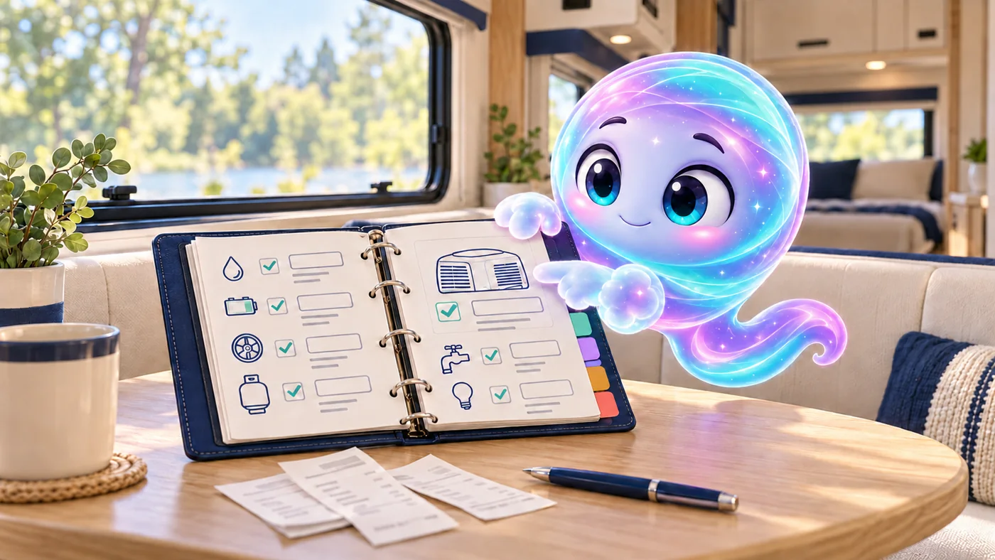 Scout reviewing a maintenance-record binder at a camper dinette